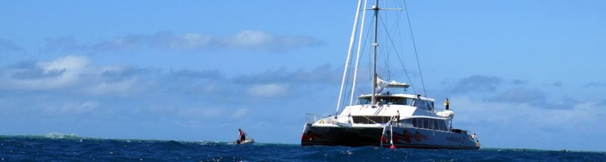 Tender comes to pick us up at Stepping Stones diving Hastings Reef with Passions of Paradise Great Barrier Reef Queensland by Diveplanit