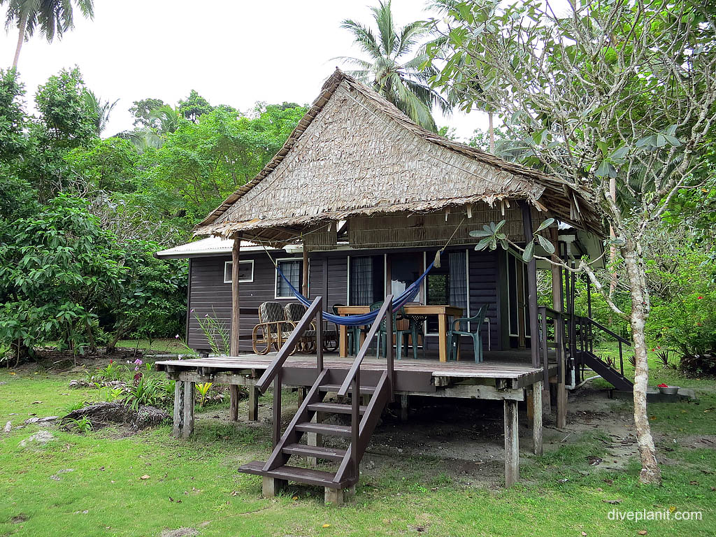 Bungalow with hammock diving Uepi at Uepi Resort in the Solomon Islands by Diveplanit