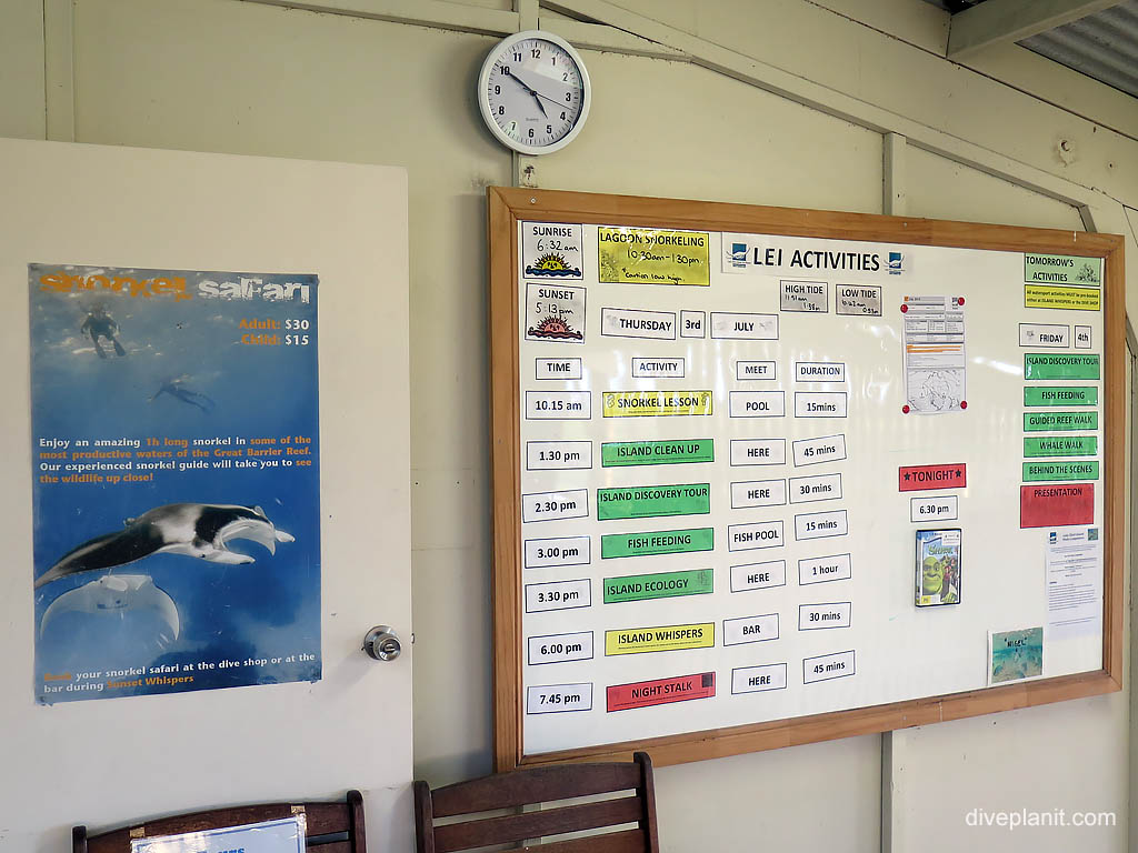 LEI Activities Board at Lady Elliot Island Resort diving Lady Elliot Island. Scuba holiday travel planning for Lady Elliot Island - where, who and how