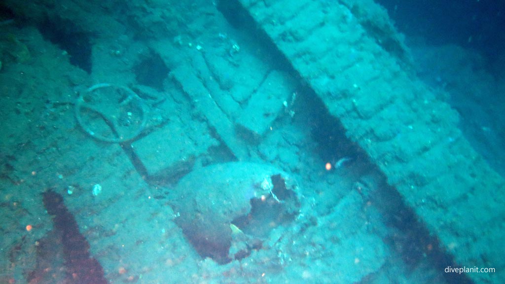 The tracks of an upturned tank diving SS President Coolidge wreck at Espiritu Santo diving Vanuatu by Diveplanit