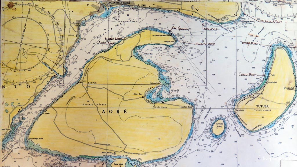 Marine chart showing Cindy's Reef near Aore Island with Santo Island Dive at Espiritu Santo diving Vanuatu by Diveplanit