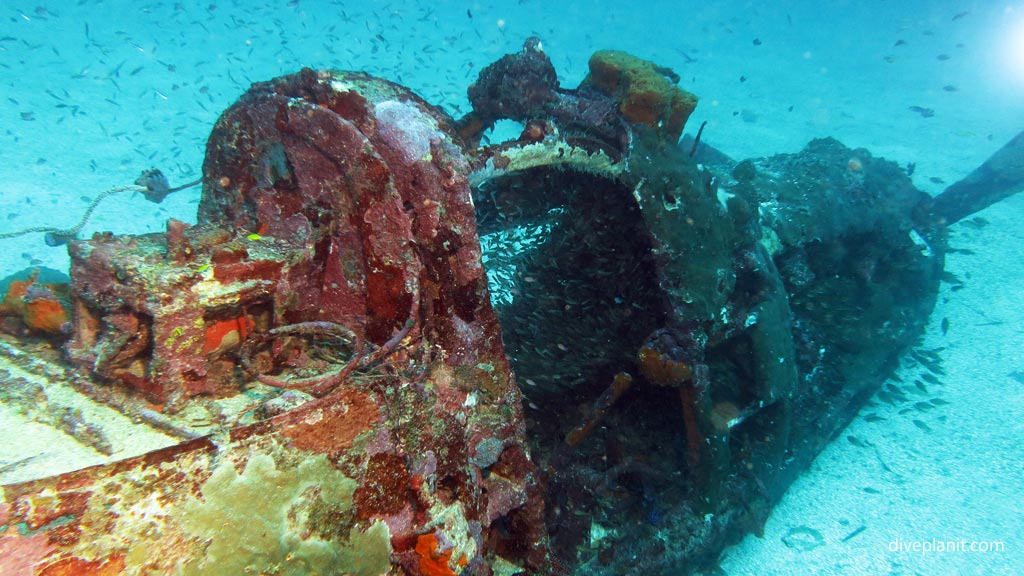 Cockpit and propeller at Airacobra Wreck diving Munda in the Solomon Islands by Diveplanit