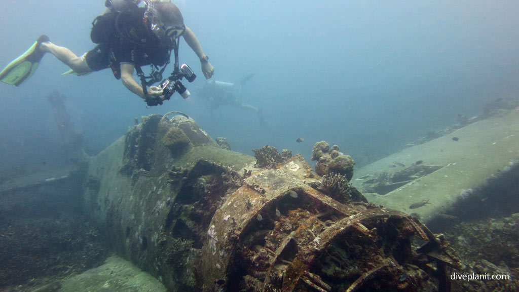 Diver above the engine at Hellcat Wreck diving Gizo in the Gizo by Diveplanit