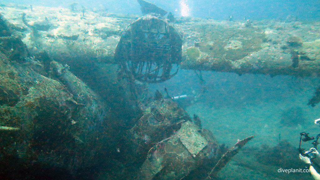 The port engine has fallen from the wing at Catalina Wreck diving Tulagi in the Solomon Islands by Diveplanit