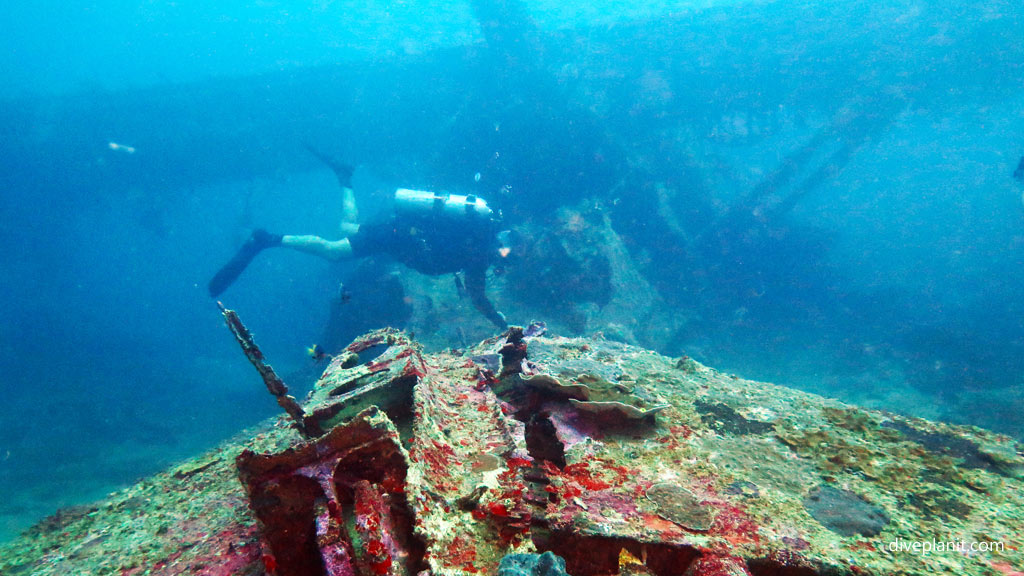 Looking from the tail along the fuselage at Catalina Wreck diving Tulagi in the Solomon Islands by Diveplanit