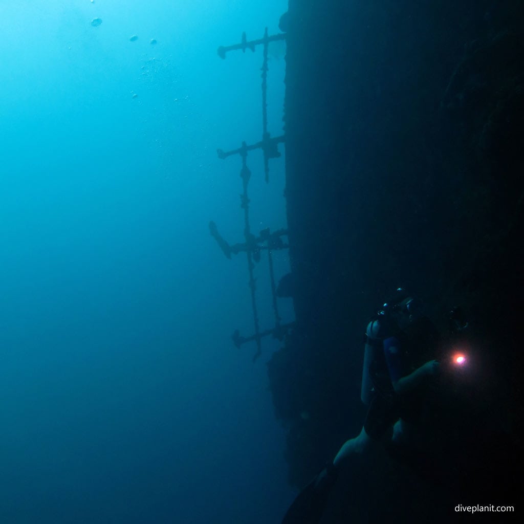 Stern rails with deep blue beyond at Toa Maru diving Gizo in the Solomon Islands by Diveplanit