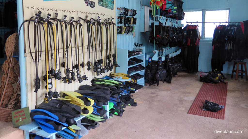 Plenty of gear at the dive shop diving Rarotonga with The Big Fish Dive Centre in the Cook Islands by Diveplanit
