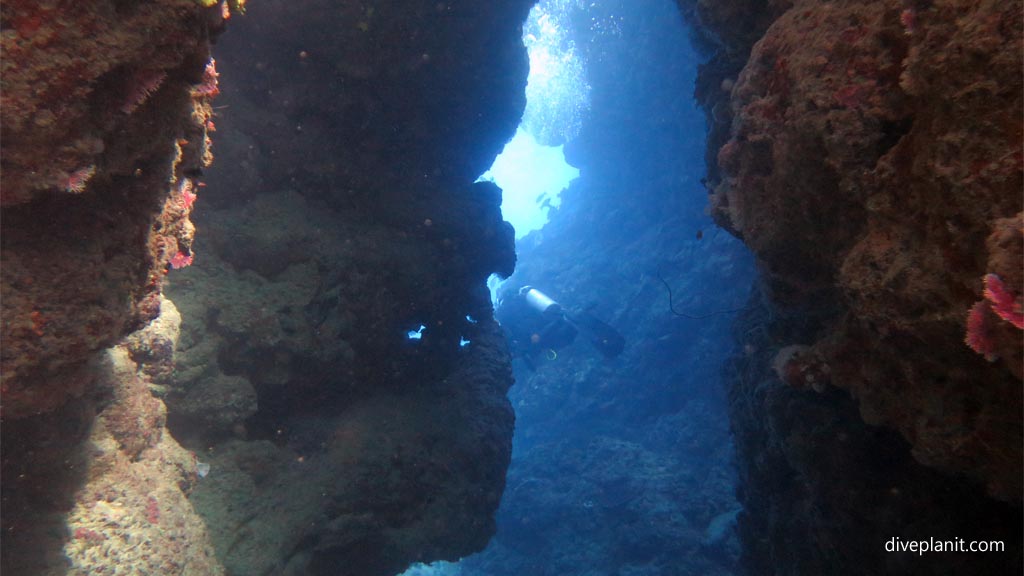 Diver leaving the slot at Subway diving Vomo at Subway in the Fiji Islands by Diveplanit