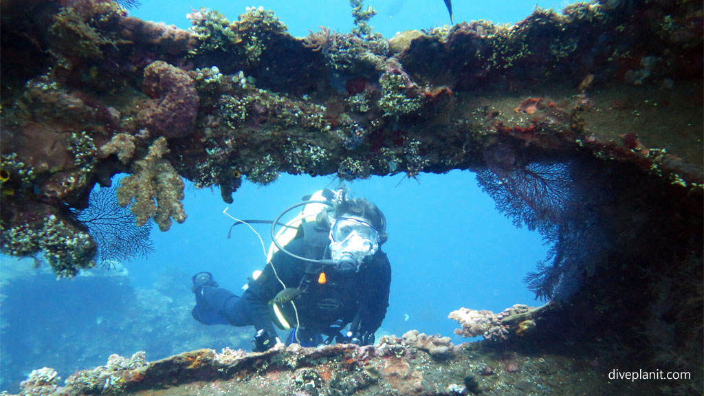 Deb amongst the superstructure diving Bali Indonesia by Diveplanit