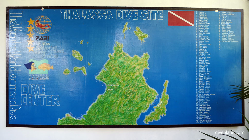 Dive Site Map diving with Thalassa Dive Resort North Sulawesi Indonesia by Diveplanit