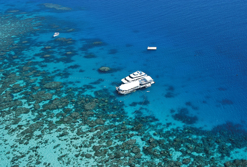 Aerial of Great Adventures Pontoon and Vessel. Norman Reef