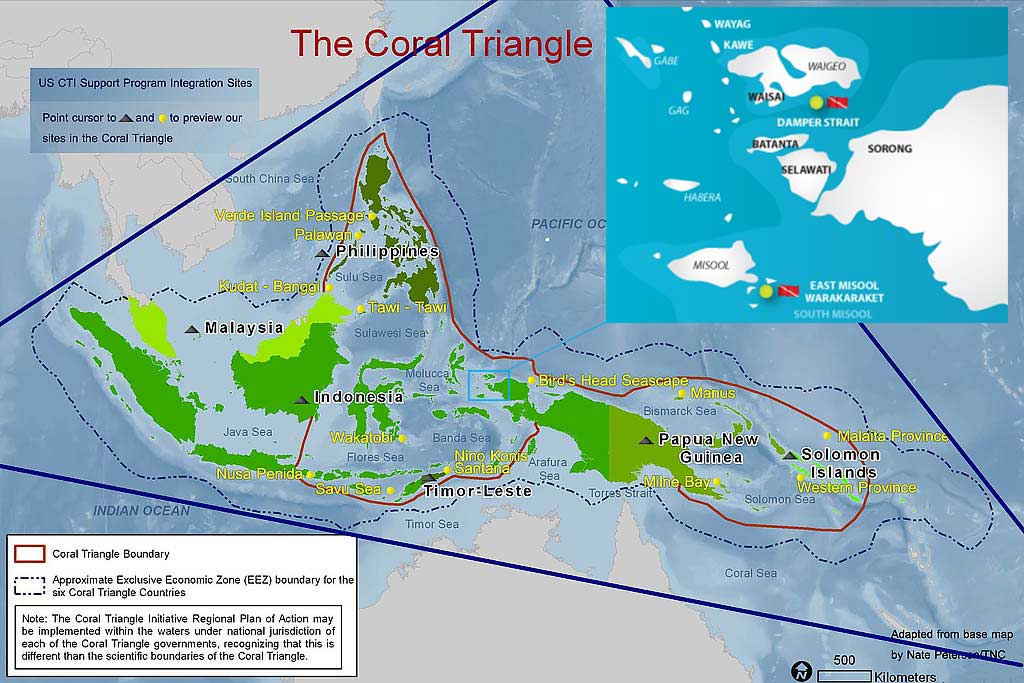 Coral Triangle map with Raja Ampat inset showing the dive sites in the Dampier Strait and around Misool Diveplanit Blog