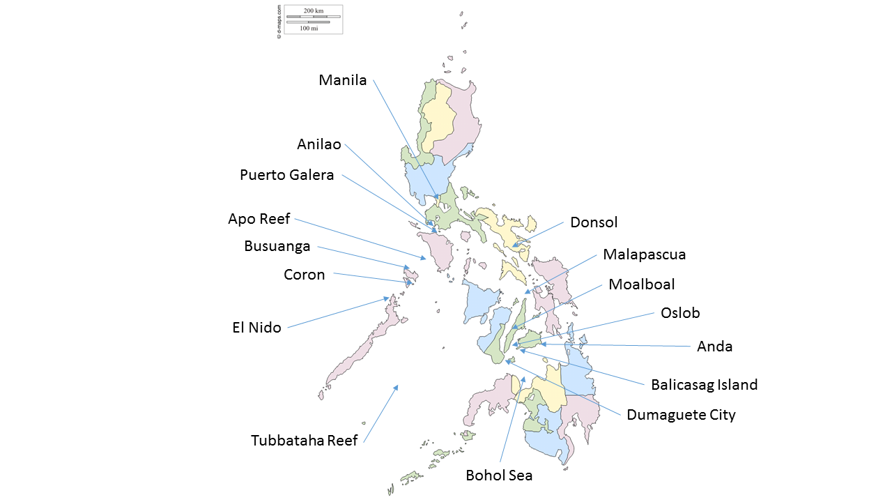 a map showing the main dive destinations in the philippines