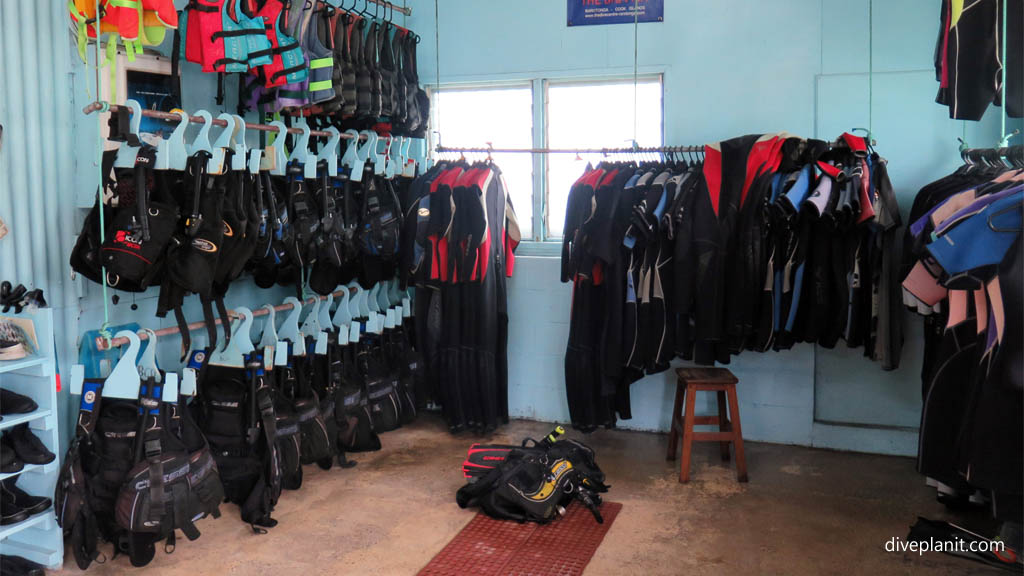 Plenty of gear at the dive shop diving Rarotonga with The Big Fish Dive Centre in the Cook Islands by Diveplanit