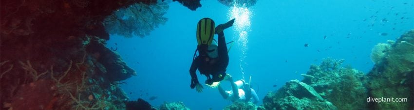 Diver swims under an over hang at the elbow diving uepi diveplanit blog banner