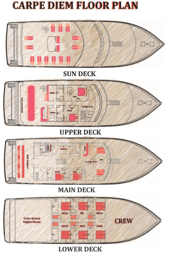 Carpe Diem liveaboard is a modern diving vessel in the Maldives-deckplan