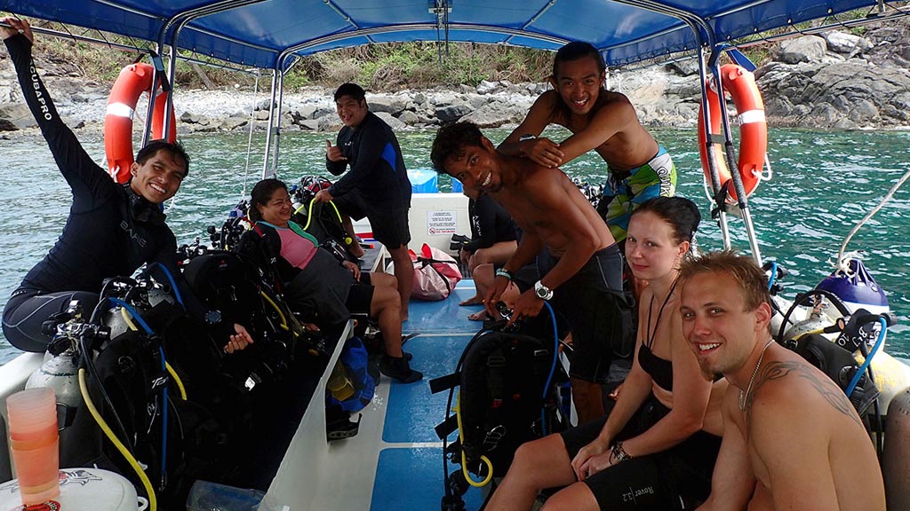 Boatload of divers diving local dive site with B&J Diving at Tioman Island Malaysia supplied