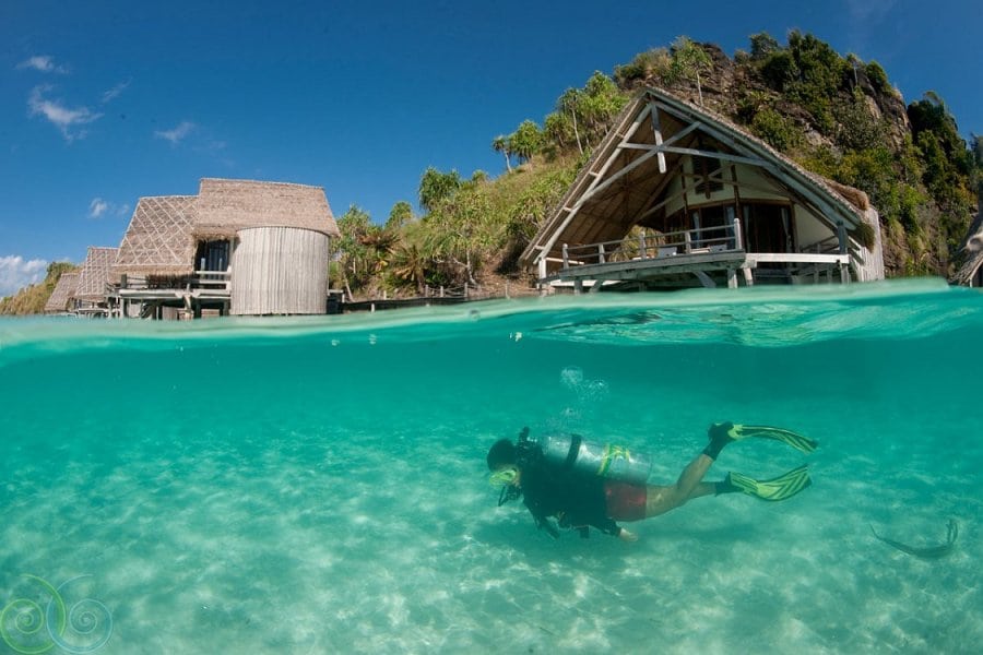 Misool Eco Resort, Batbitim Private Island, Misool, Raja Ampat-Indonesia-water-cottages-diver