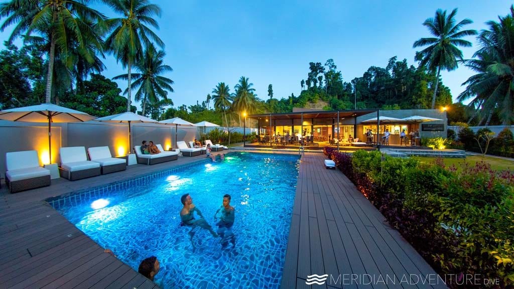16 Meridian Adventure Dive Resort – Club Med style diving in Raja Ampat Indonesia evening-pool