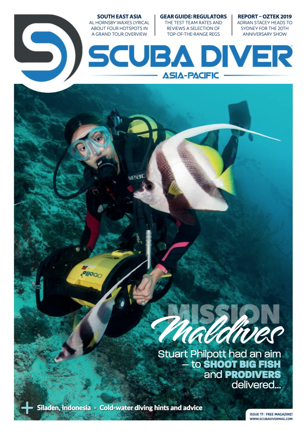 Download Scuba Diver Asia Pacific issue 11 - read all about big stuff in the Maldives, the best diving in South East Asia, the beauty of North Sulawesi and Diveplanit\'s very own dive travel column.