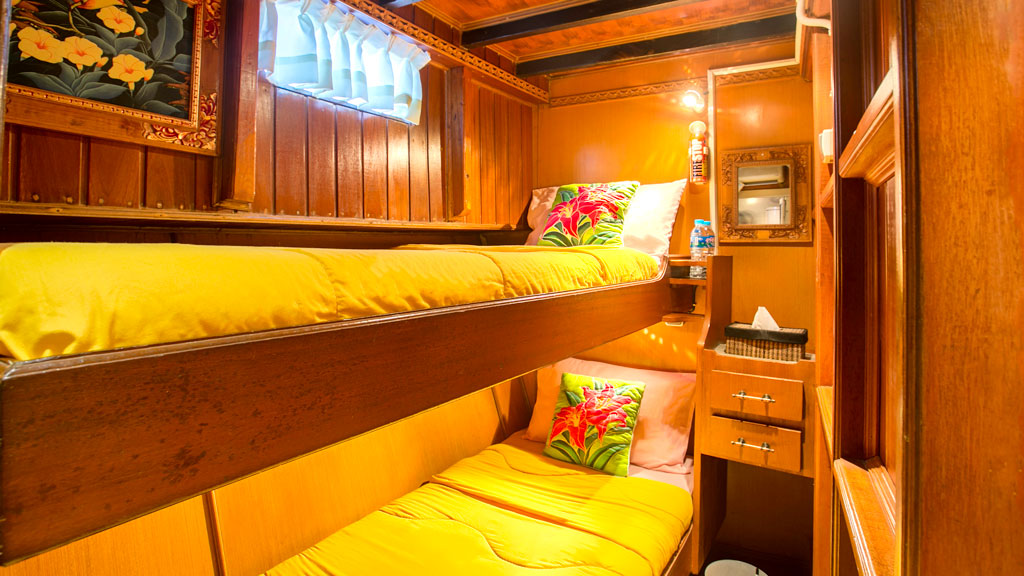 Nusa tara liveaboard komodo | two single beds and a private bathroom with shower and toilet and all cabins are air-conditioned